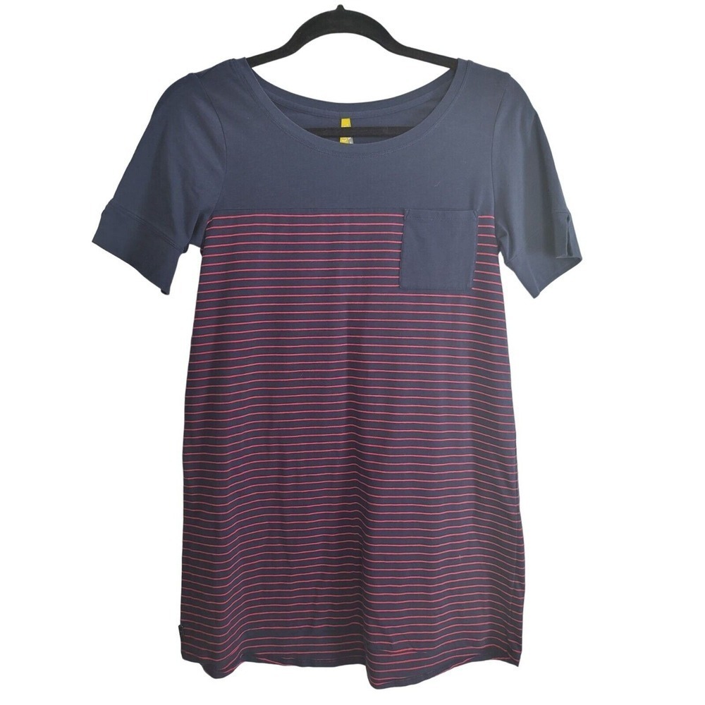 Lole Tunic Top S Womens Short Sleeve Blue Red Striped Pullover Crew Neck Pocket